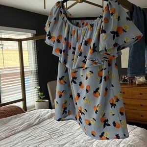 Blue strawberry off the shoulder top